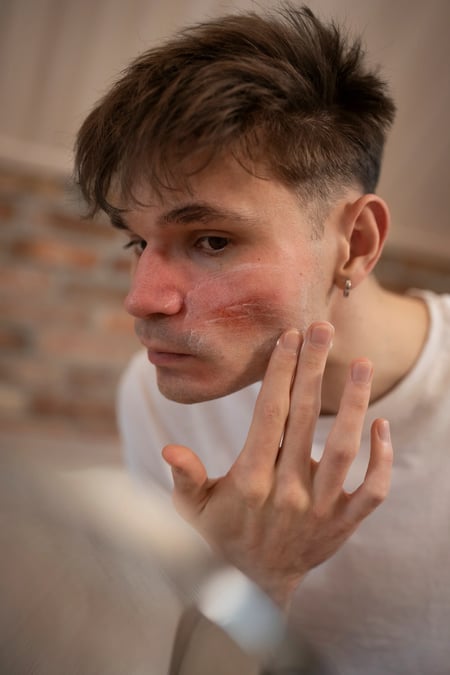 man with red skin on face